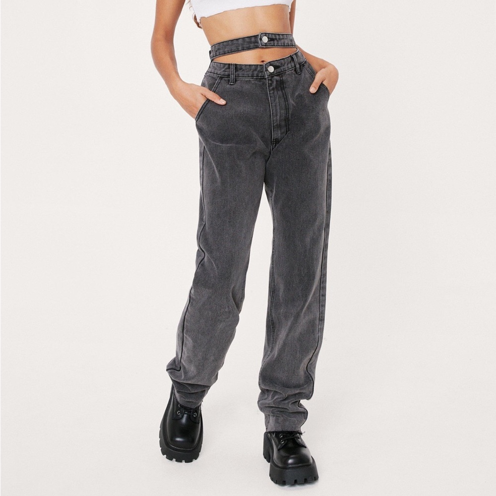 NASTY GAL asymmetric strap straight leg denim jeans high rise size 6 unique